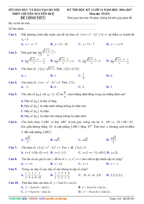Đề thi học kì 2 (HK2) lớp 11 môn Toán năm học 2016 2017 trường THPT chuyên Nguyễn Huệ Hà Nội