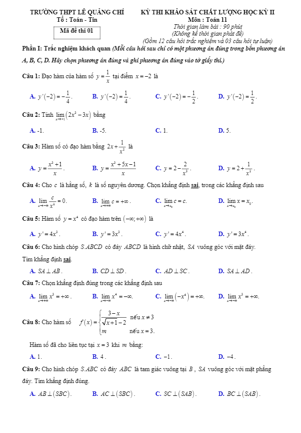 Đề thi học kì 2 (HK2) lớp 11 môn Toán năm học 2016 2017 trường THPT Lê Quảng Chí Hà Tĩnh