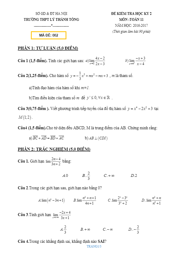 Đề thi học kì 2 (HK2) lớp 11 môn Toán năm học 2016 2017 trường THPT Lý Thánh Tông Hà Nội
