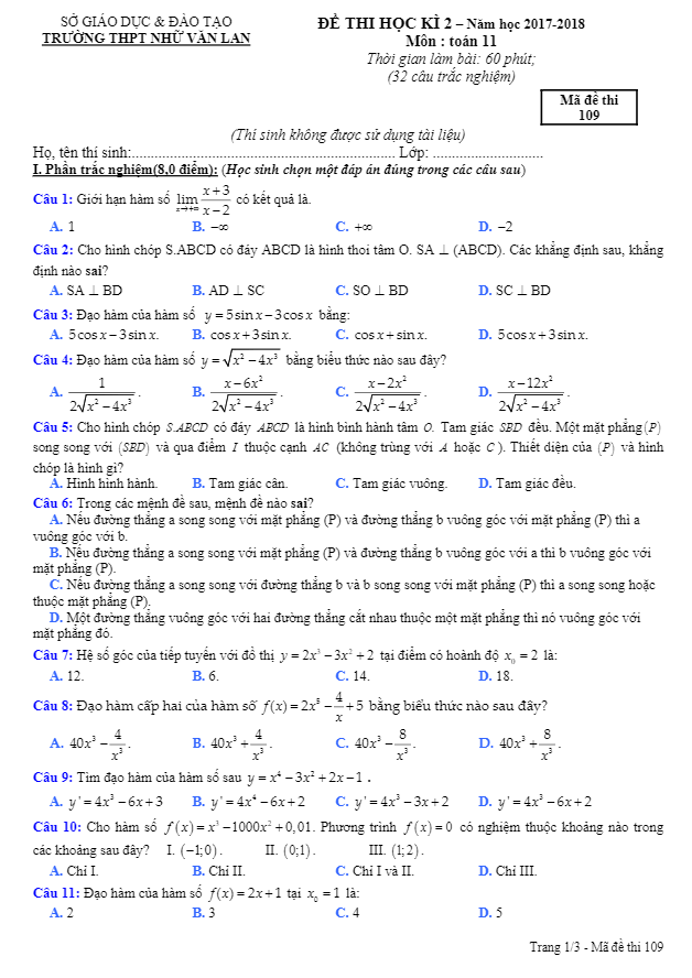 Đề thi học kì 2 (HK2) lớp 11 môn Toán năm học 2017 2018 trường THPT Nhữ Văn Lan Hải Phòng