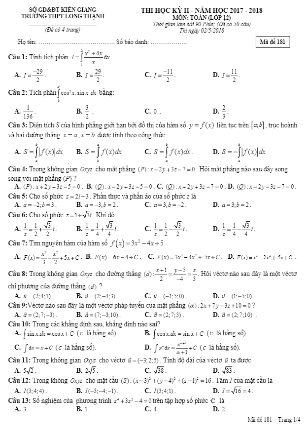 Đề thi học kì 2 (HK2) lớp 12 môn Toán năm 2017 2018 trường THPT Long Thạnh Kiên Giang