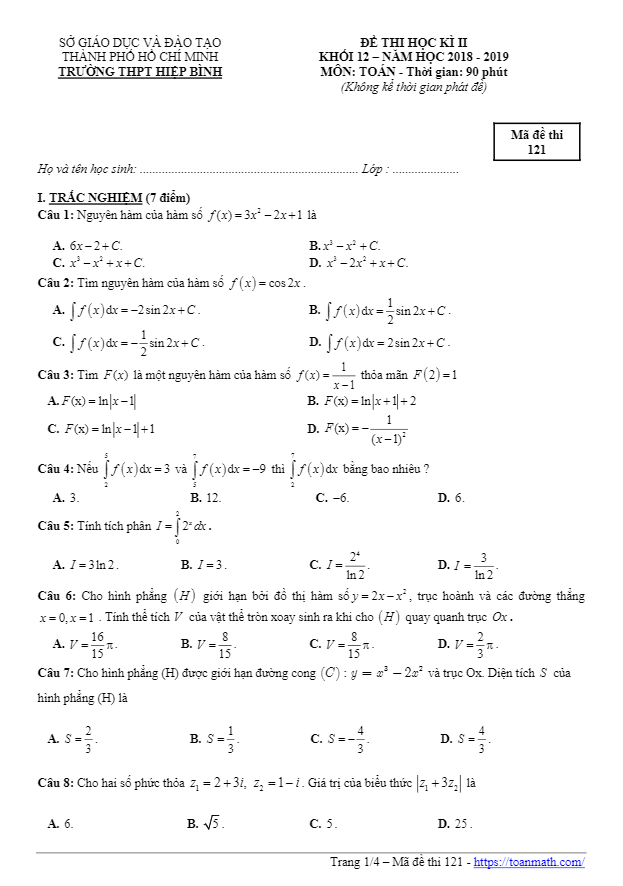 Đề thi học kì 2 (HK2) lớp 12 môn Toán năm 2018 2019 trường THPT Hiệp Bình TP HCM