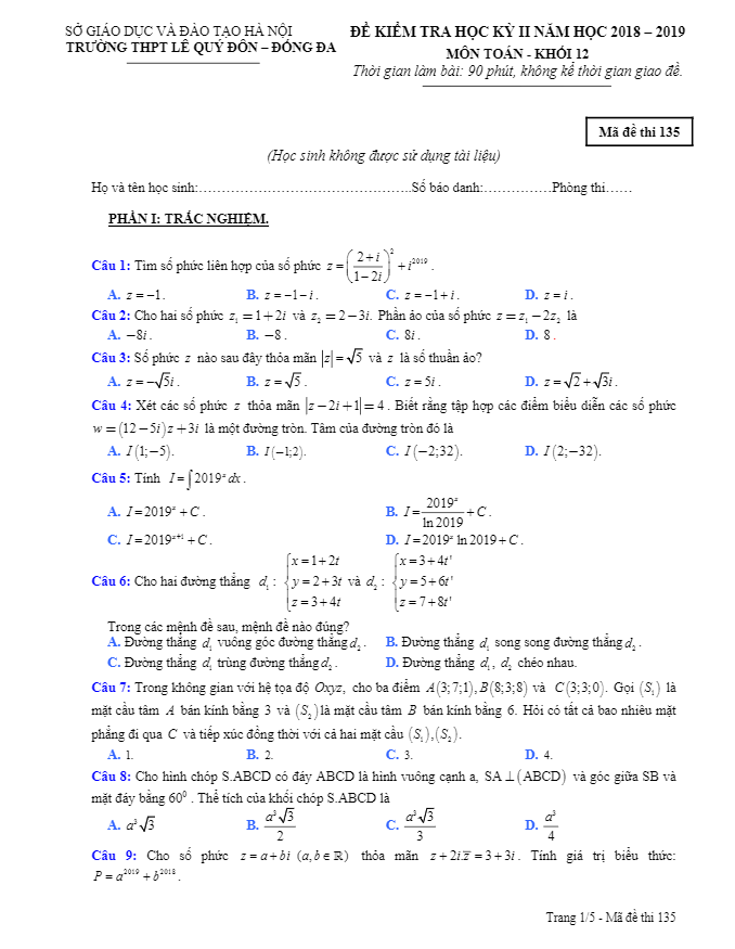 Đề thi học kì 2 (HK2) lớp 12 môn Toán năm 2018 2019 trường THPT Lê Quý Đôn Hà Nội
