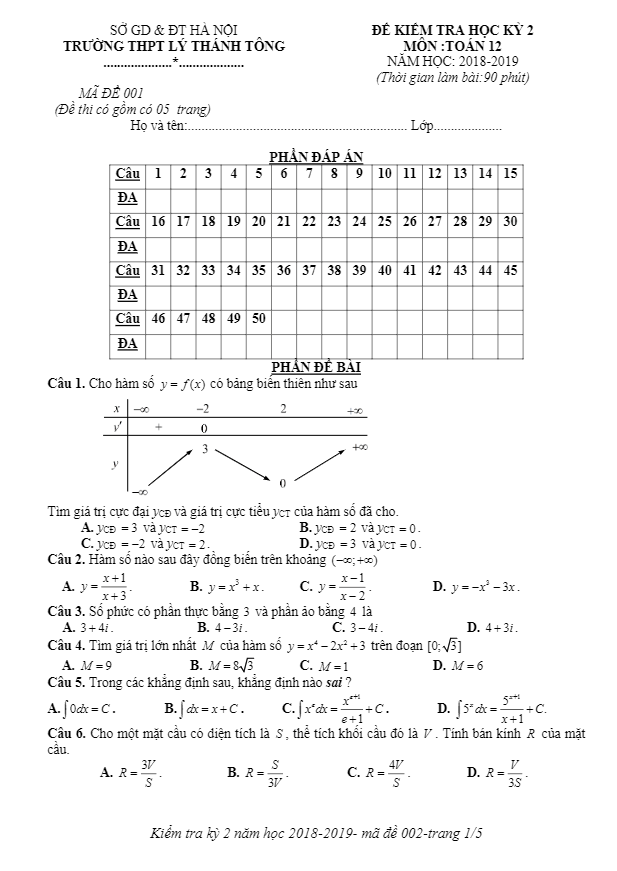Đề thi học kì 2 (HK2) lớp 12 môn Toán năm 2018 2019 trường THPT Lý Thánh Tông Hà Nội