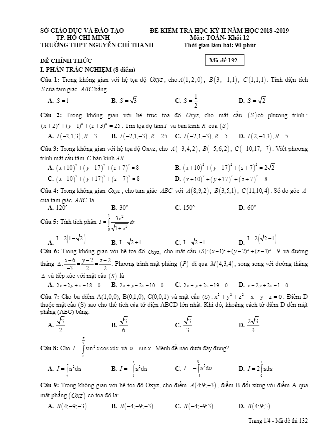 Đề thi học kì 2 (HK2) lớp 12 môn Toán năm 2018 2019 trường THPT Nguyễn Chí Thanh TP HCM
