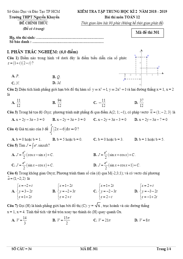 Đề thi học kì 2 (HK2) lớp 12 môn Toán năm 2018 2019 trường THPT Nguyễn Khuyến TP HCM