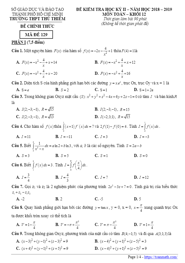 Đề thi học kì 2 (HK2) lớp 12 môn Toán năm 2018 2019 trường THPT Thủ Thiêm TP HCM