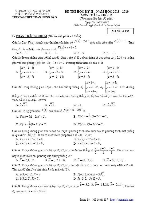Đề thi học kì 2 (HK2) lớp 12 môn Toán năm 2018 2019 trường THPT Trần Hưng Đạo TP HCM