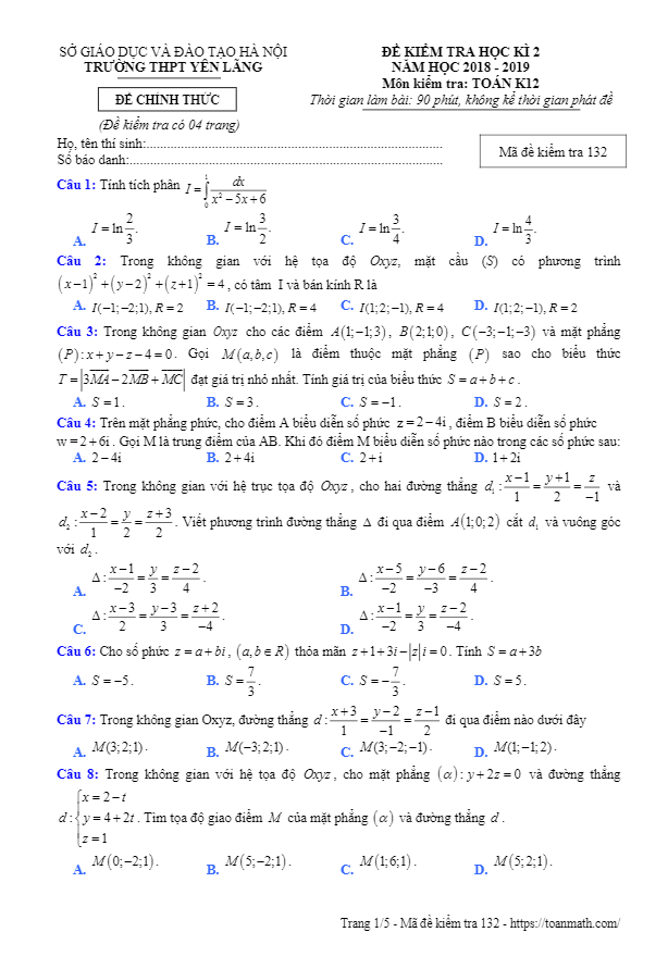 Đề thi học kì 2 (HK2) lớp 12 môn Toán năm 2018 2019 trường THPT Yên Lãng Hà Nội