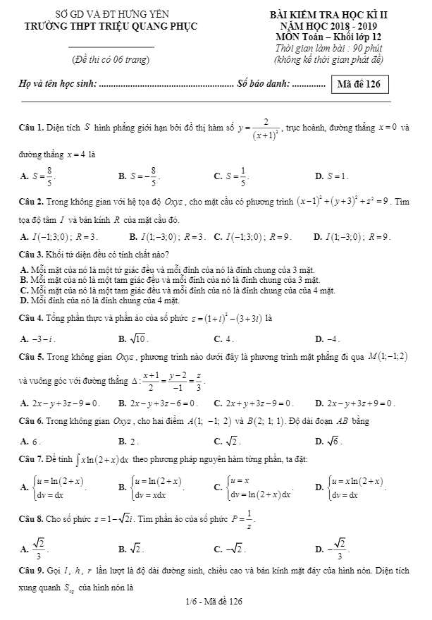 Đề thi học kì 2 (HK2) lớp 12 môn Toán năm 2018 2019 trường Triệu Quang Phục Hưng Yên