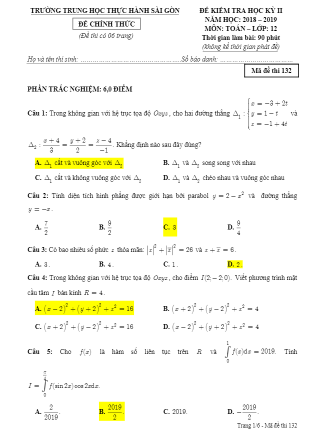 Đề thi học kì 2 (HK2) lớp 12 môn Toán năm 2018 2019 trường trung học Thực Hành Sài Gòn TP HCM