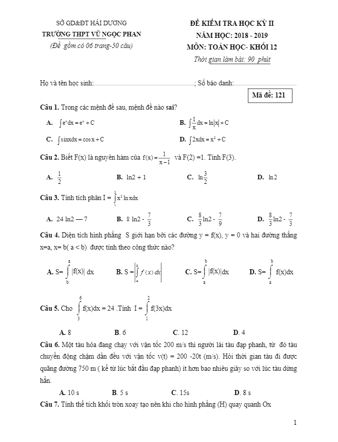 Đề thi học kì 2 (HK2) lớp 12 môn Toán năm 2018 2019 trường Vũ Ngọc Phan Hải Dương