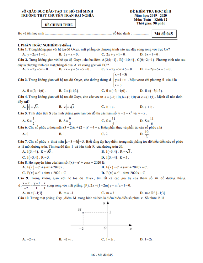 Đề thi học kì 2 (HK2) lớp 12 môn Toán năm 2019 2020 trường chuyên Trần Đại Nghĩa TP HCM