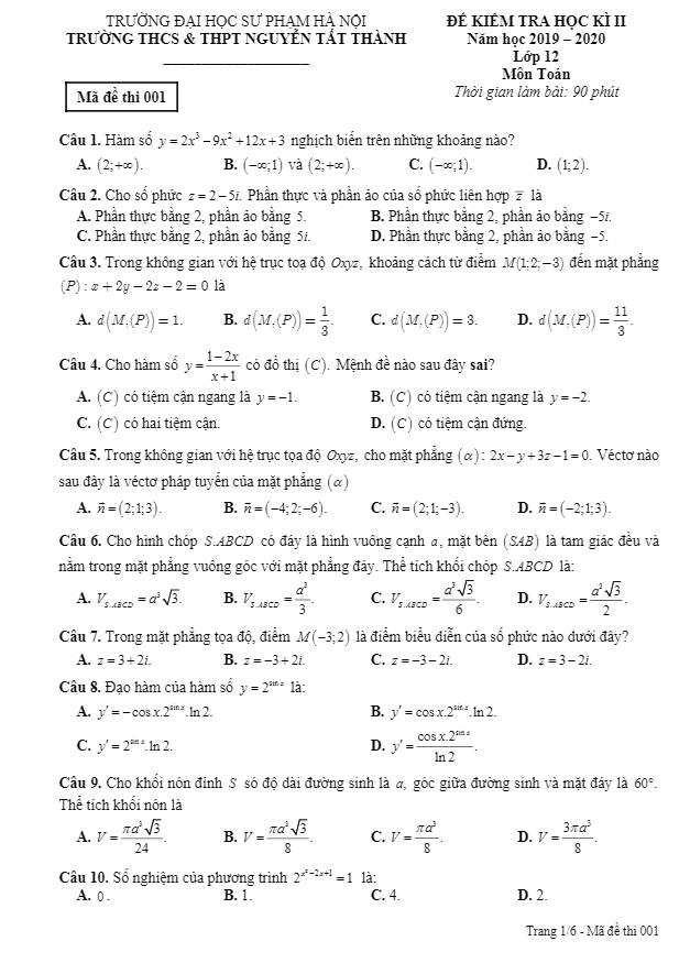 Đề thi học kì 2 (HK2) lớp 12 môn Toán năm 2019 2020 trường Nguyễn Tất Thành Hà Nội
