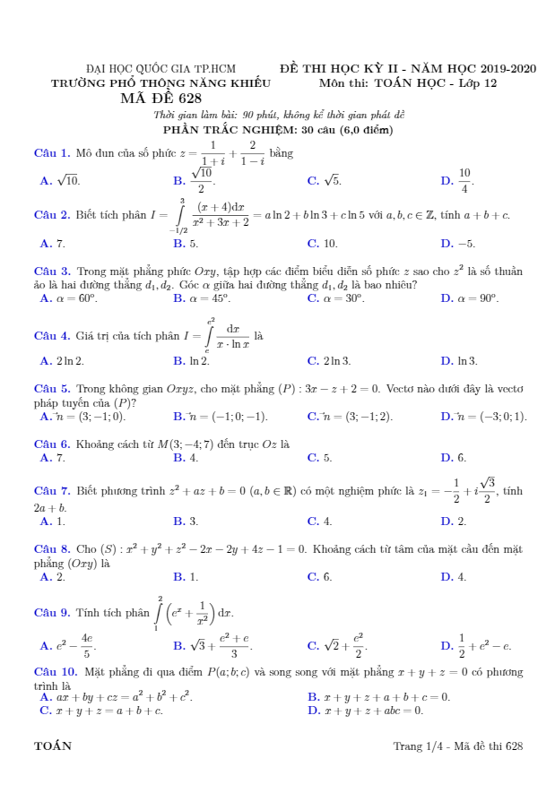 Đề thi học kì 2 (HK2) lớp 12 môn Toán năm 2019 2020 trường Phổ thông Năng khiếu TP HCM