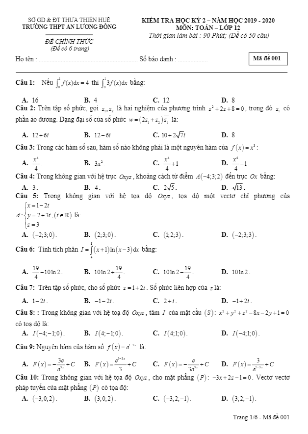 Đề thi học kì 2 (HK2) lớp 12 môn Toán năm 2019 2020 trường THPT An Lương Đông TT Huế