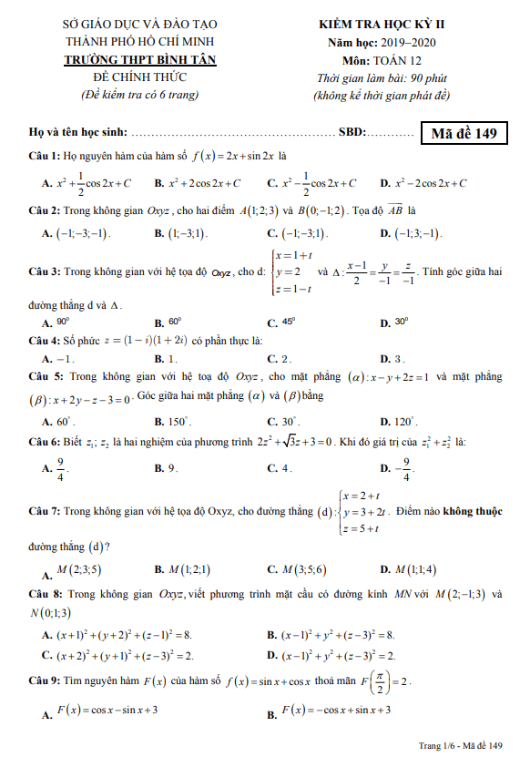 Đề thi học kì 2 (HK2) lớp 12 môn Toán năm 2019 2020 trường THPT Bình Tân TP HCM