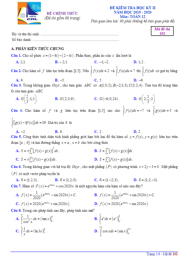 Đề thi học kì 2 (HK2) lớp 12 môn Toán năm 2019 2020 trường THPT chuyên Hạ Long Quảng Ninh