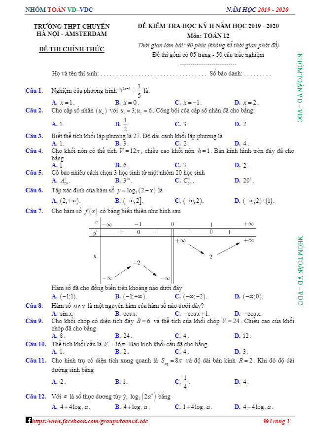 Đề thi học kì 2 (HK2) lớp 12 môn Toán năm 2019 2020 trường THPT chuyên Hà Nội Amsterdam