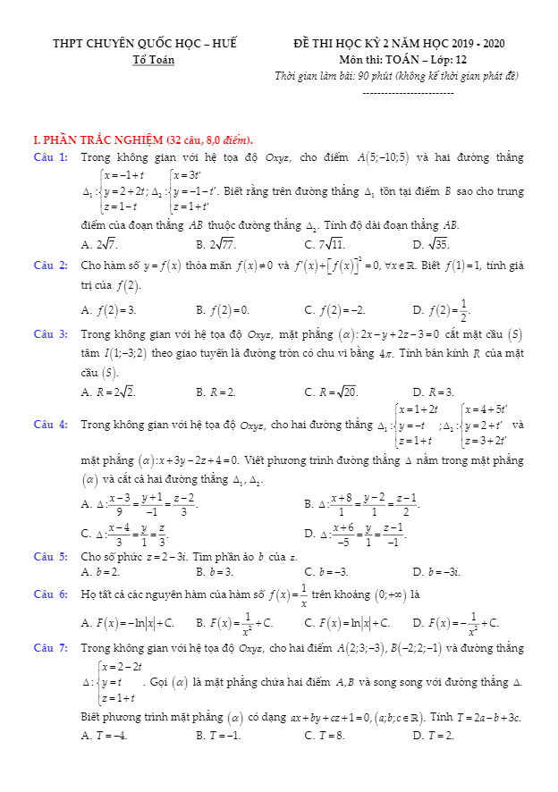 Đề thi học kì 2 (HK2) lớp 12 môn Toán năm 2019 2020 trường THPT chuyên Quốc học Huế