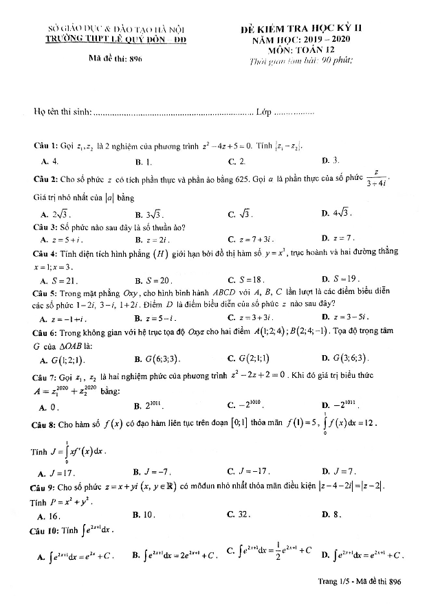 Đề thi học kì 2 (HK2) lớp 12 môn Toán năm 2019 2020 trường THPT Lê Quý Đôn Hà Nội