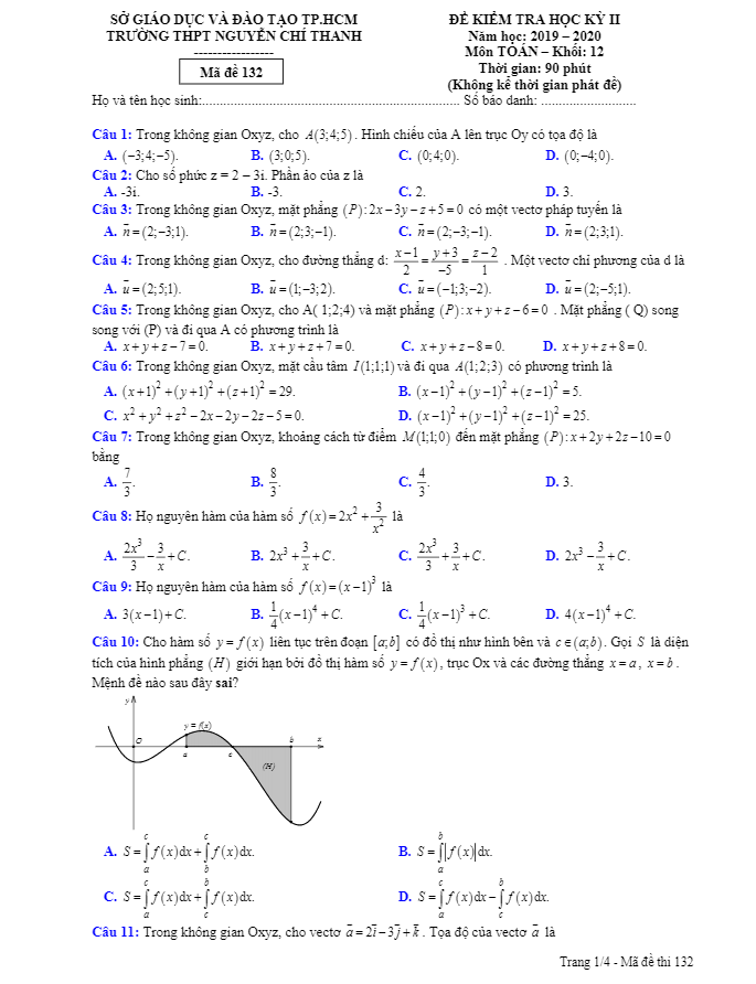 Đề thi học kì 2 (HK2) lớp 12 môn Toán năm 2019 2020 trường THPT Nguyễn Chí Thanh TP HCM