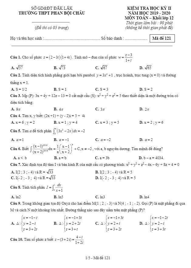 Đề thi học kì 2 (HK2) lớp 12 môn Toán năm 2019 2020 trường THPT Phan Bội Châu Đắk Lắk