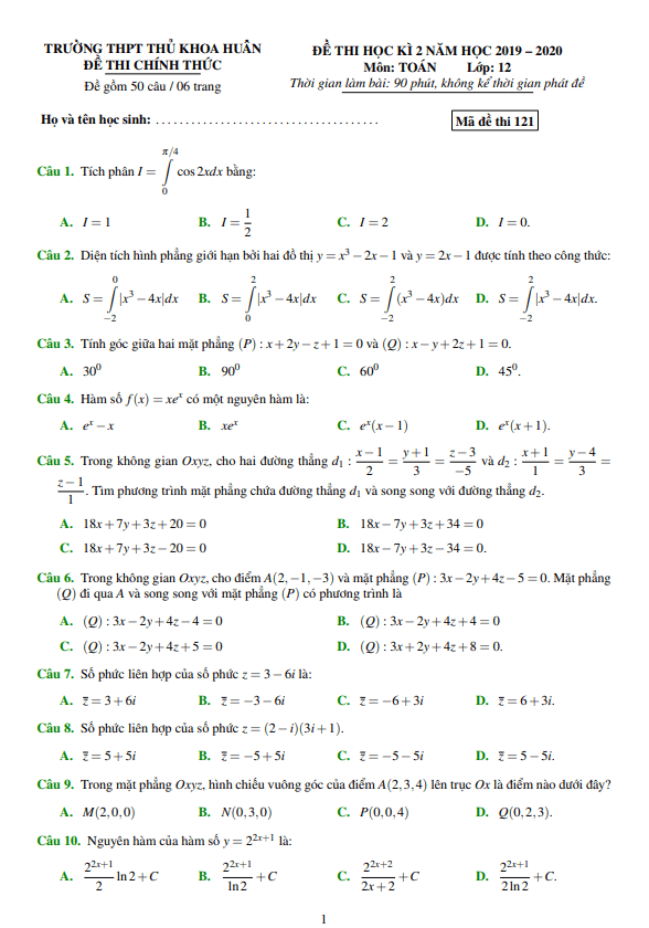 Đề thi học kì 2 (HK2) lớp 12 môn Toán năm 2019 2020 trường THPT Thủ Khoa Huân TP HCM