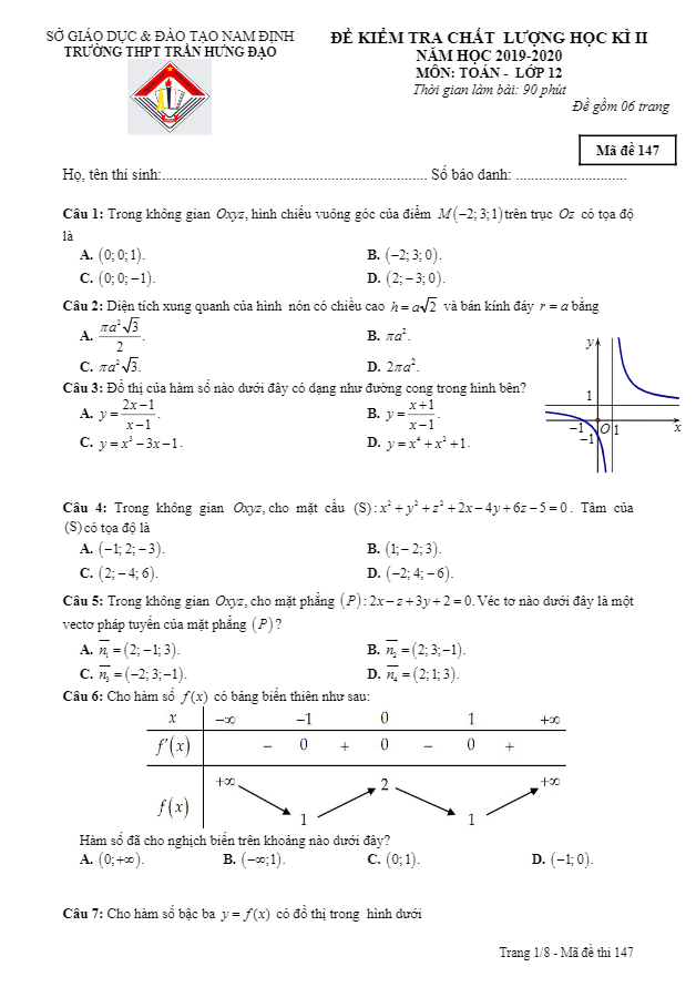 Đề thi học kì 2 (HK2) lớp 12 môn Toán năm 2019 2020 trường THPT Trần Hưng Đạo Nam Định