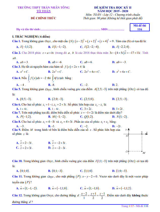 Đề thi học kì 2 (HK2) lớp 12 môn Toán năm 2019 2020 trường THPT Trần Nhân Tông TP HCM