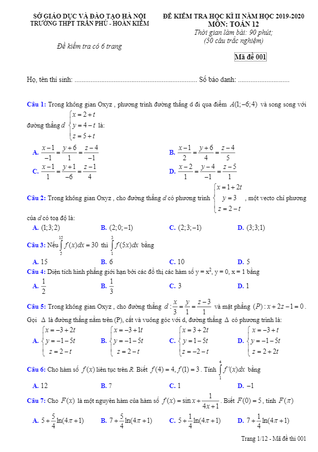 Đề thi học kì 2 (HK2) lớp 12 môn Toán năm 2019 2020 trường THPT Trần Phú Hà Nội