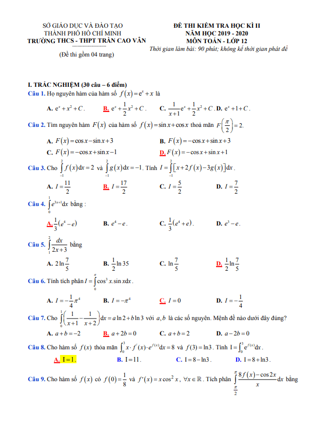 Đề thi học kì 2 (HK2) lớp 12 môn Toán năm 2019 2020 trường Trần Cao Vân TP HCM