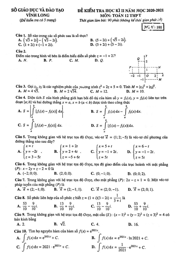 Đề thi học kì 2 (HK2) lớp 12 môn Toán năm 2020 2021 sở GD ĐT Vĩnh Long