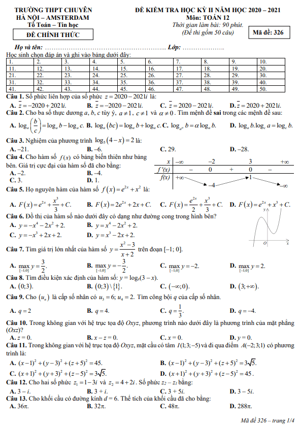 Đề thi học kì 2 (HK2) lớp 12 môn Toán năm 2020 2021 trường chuyên Hà Nội Amsterdam