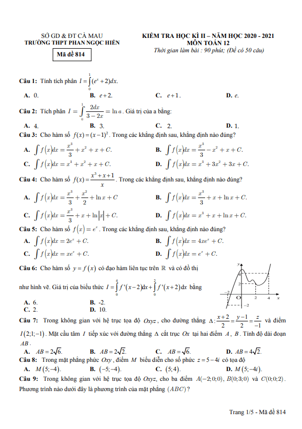 Đề thi học kì 2 (HK2) lớp 12 môn Toán năm 2020 2021 trường Phan Ngọc Hiển Cà Mau