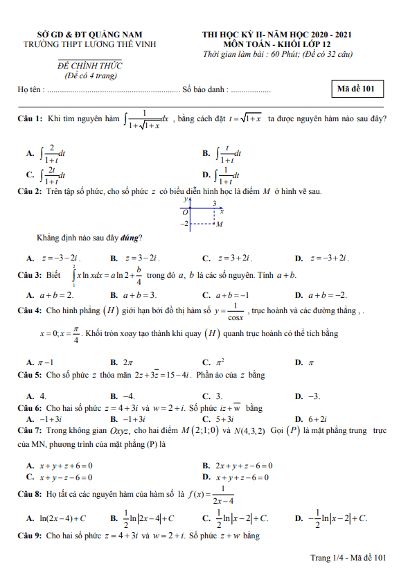 Đề thi học kì 2 (HK2) lớp 12 môn Toán năm 2020 2021 trường THPT Lương Thế Vinh Quảng Nam