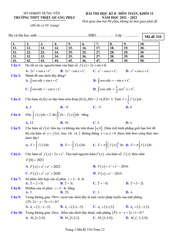 Đề thi học kì 2 (HK2) lớp 12 môn Toán năm 2021 2022 trường THPT Triệu Quang Phục Hưng Yên