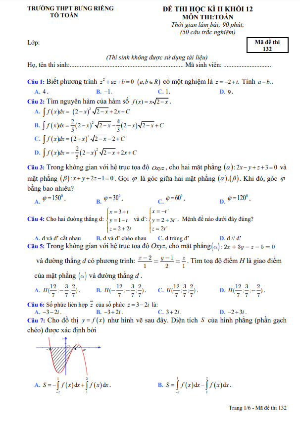 Đề thi học kì 2 (HK2) lớp 12 môn Toán năm 2022 2023 trường THPT Bưng Riềng BR VT