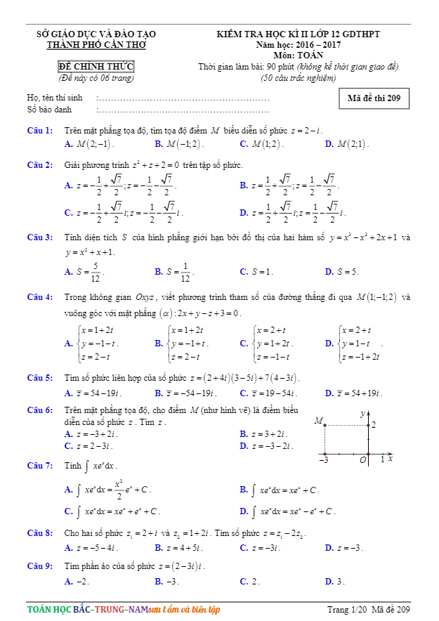 Đề thi học kì 2 (HK2) lớp 12 môn Toán năm học 2016 2017 sở GD và ĐT Cần Thơ