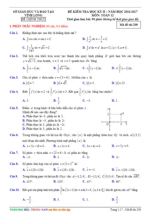 Đề thi học kì 2 (HK2) lớp 12 môn Toán năm học 2016 2017 sở GD và ĐT Vĩnh Long