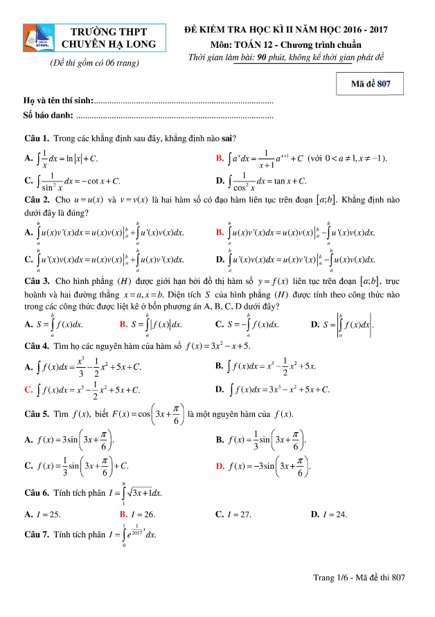 Đề thi học kì 2 (HK2) lớp 12 môn Toán năm học 2016 2017 trường THPT chuyên Hạ Long Quảng Ninh