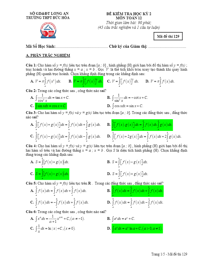 Đề thi học kì 2 (HK2) lớp 12 môn Toán năm học 2016 2017 trường THPT Đức Hòa Long An