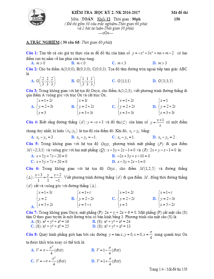 Đề thi học kì 2 (HK2) lớp 12 môn Toán năm học 2016 2017 trường THPT Gia Định TP. HCM