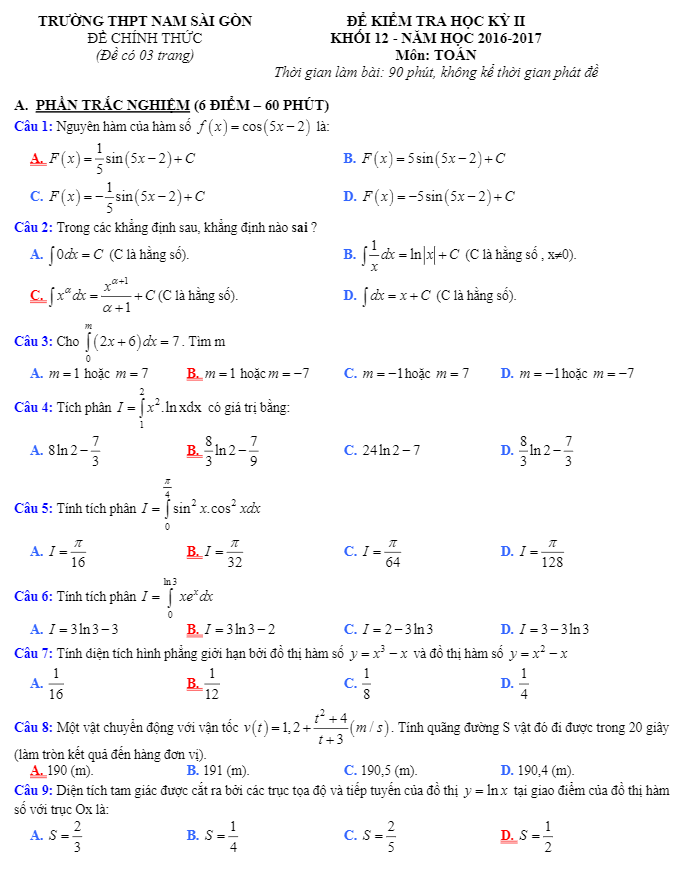 Đề thi học kì 2 (HK2) lớp 12 môn Toán năm học 2016 2017 trường THPT Nam Sài Gòn TP. HCM