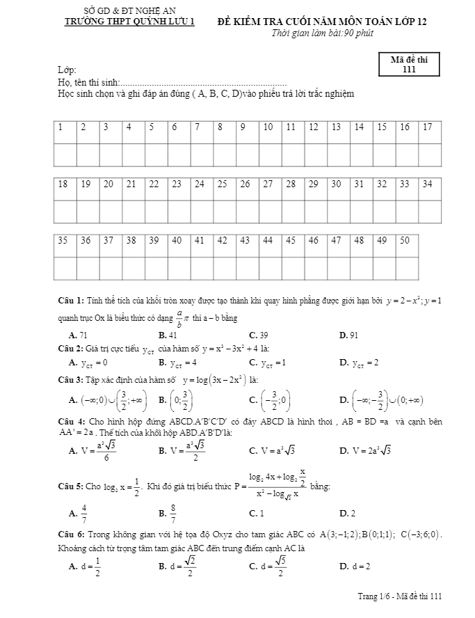 Đề thi học kì 2 (HK2) lớp 12 môn Toán năm học 2016 2017 trường THPT Quỳnh Lưu 1 Nghệ An