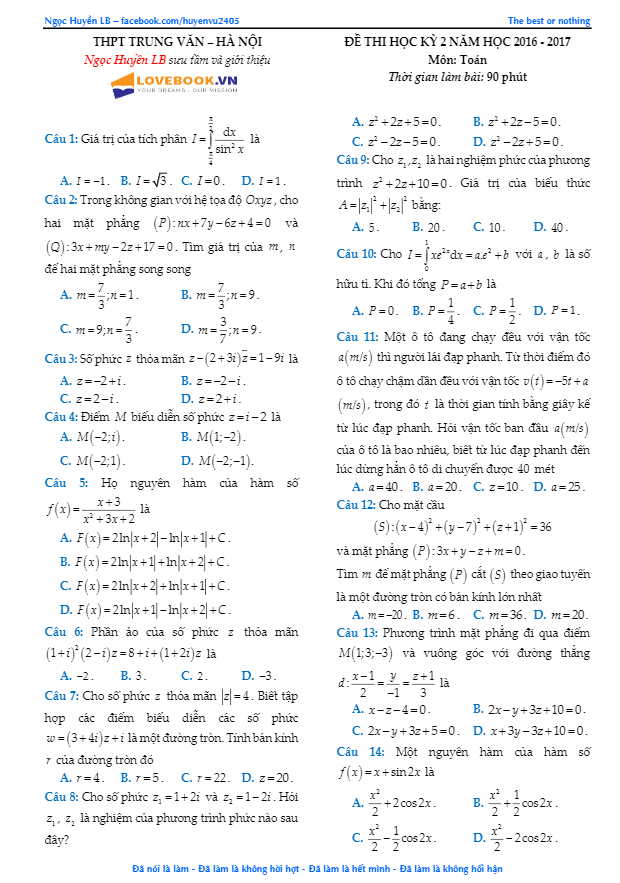 Đề thi học kì 2 (HK2) lớp 12 môn Toán năm học 2016 2017 trường THPT Trung Văn Hà Nội