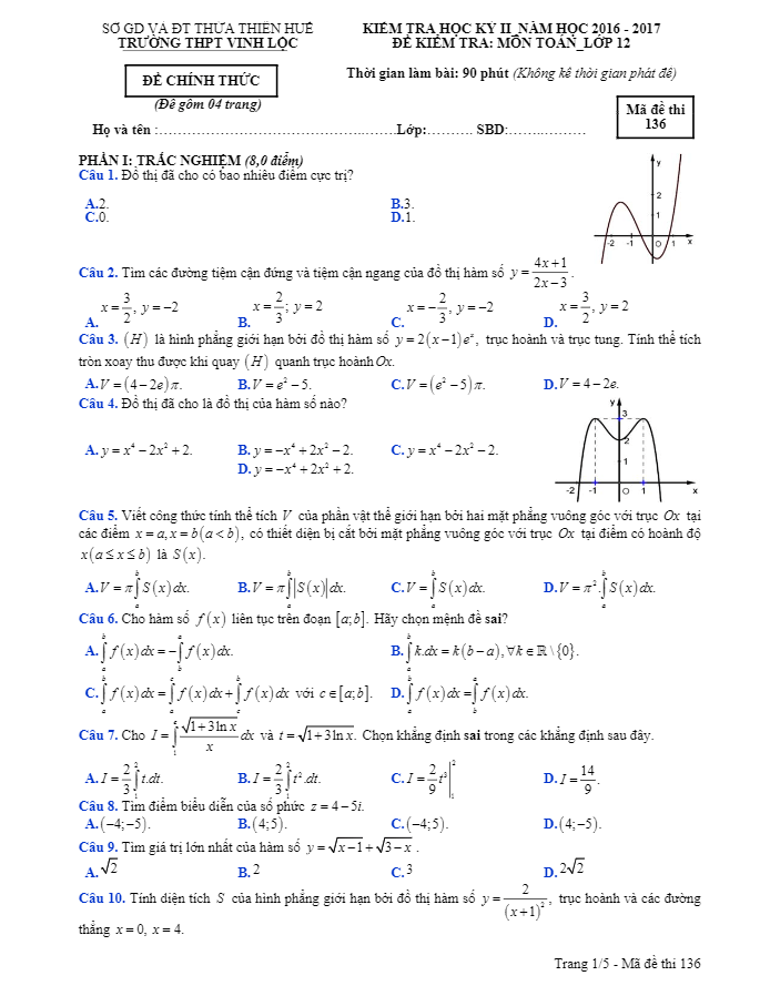 Đề thi học kì 2 (HK2) lớp 12 môn Toán năm học 2016 2017 trường THPT Vinh Lộc TT. Huế