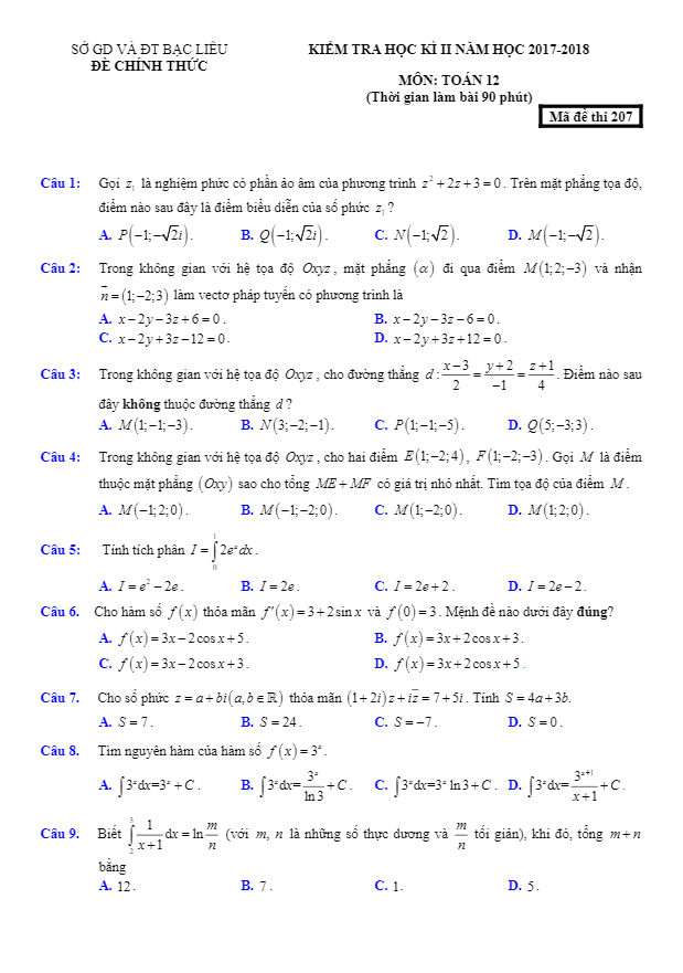 Đề thi học kì 2 (HK2) lớp 12 môn Toán năm học 2017 2018 sở GD và ĐT Bạc Liêu