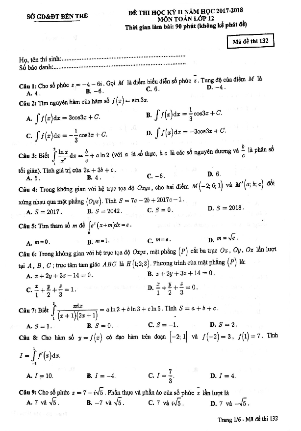 Đề thi học kì 2 (HK2) lớp 12 môn Toán năm học 2017 2018 sở GD và ĐT Bến Tre