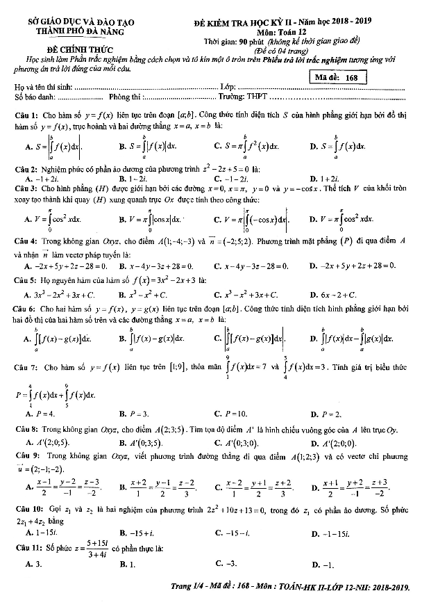Đề thi học kì 2 (HK2) lớp 12 môn Toán năm học 2018 2019 sở GD ĐT Đà Nẵng